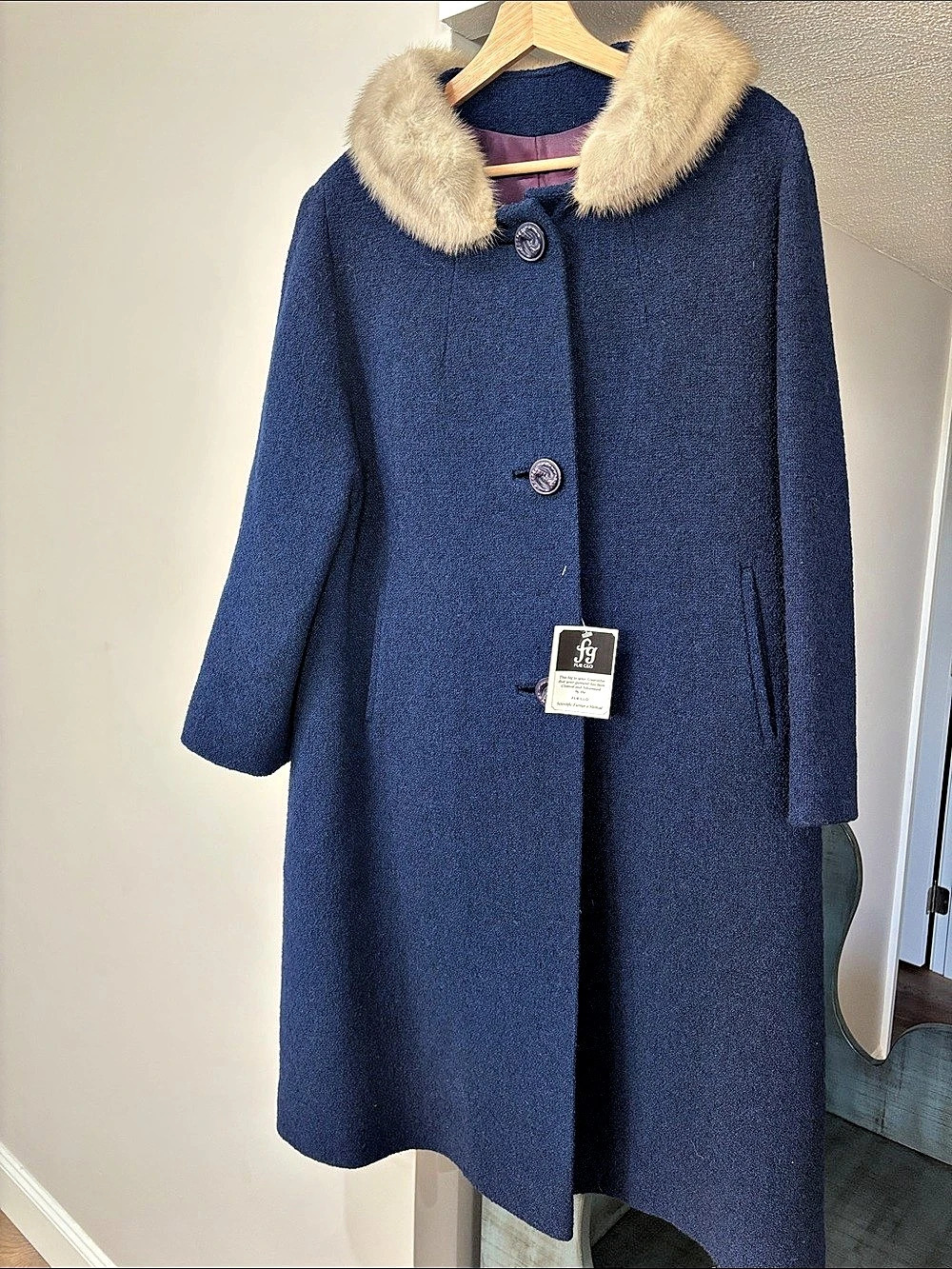 Vintage Blue Wool Fur Collar Coat 14/16